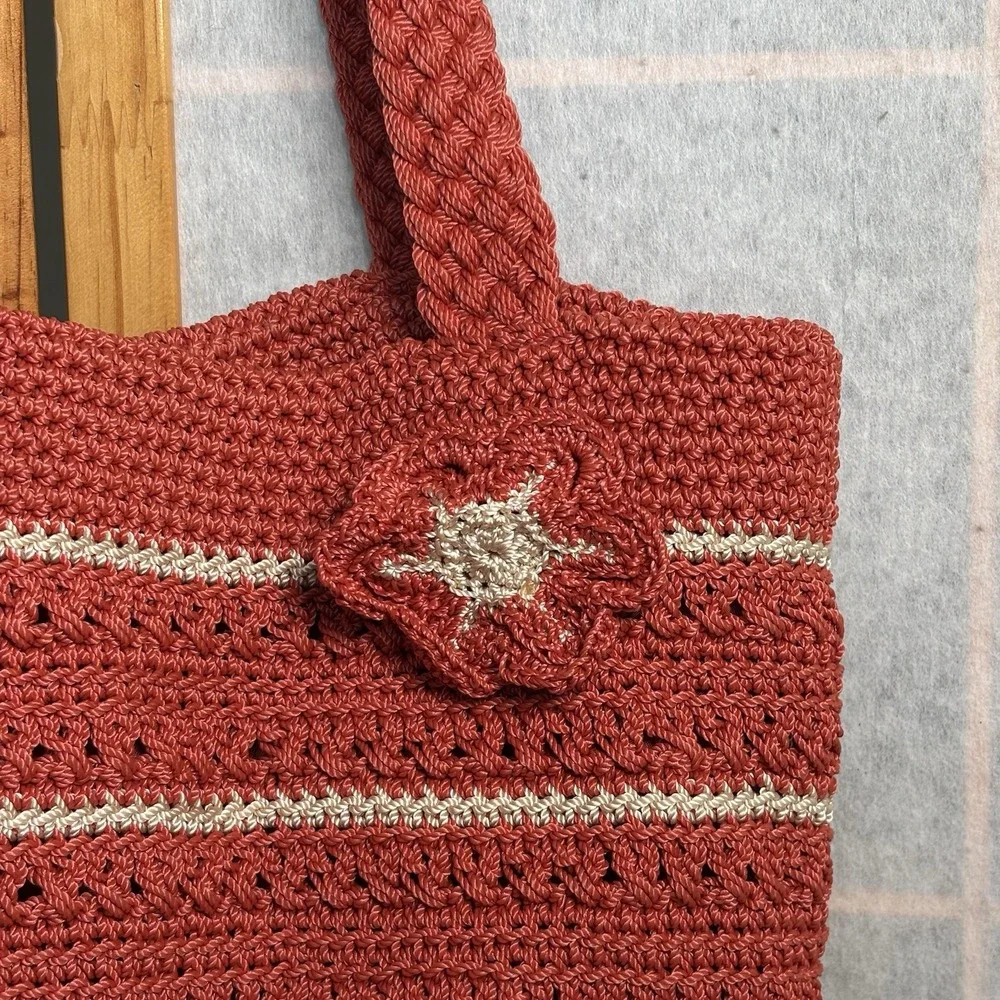 The Sak Red Orange Stripe Crochet/Handbag Purse‎ Beach Cruise Boho Y2K Woven